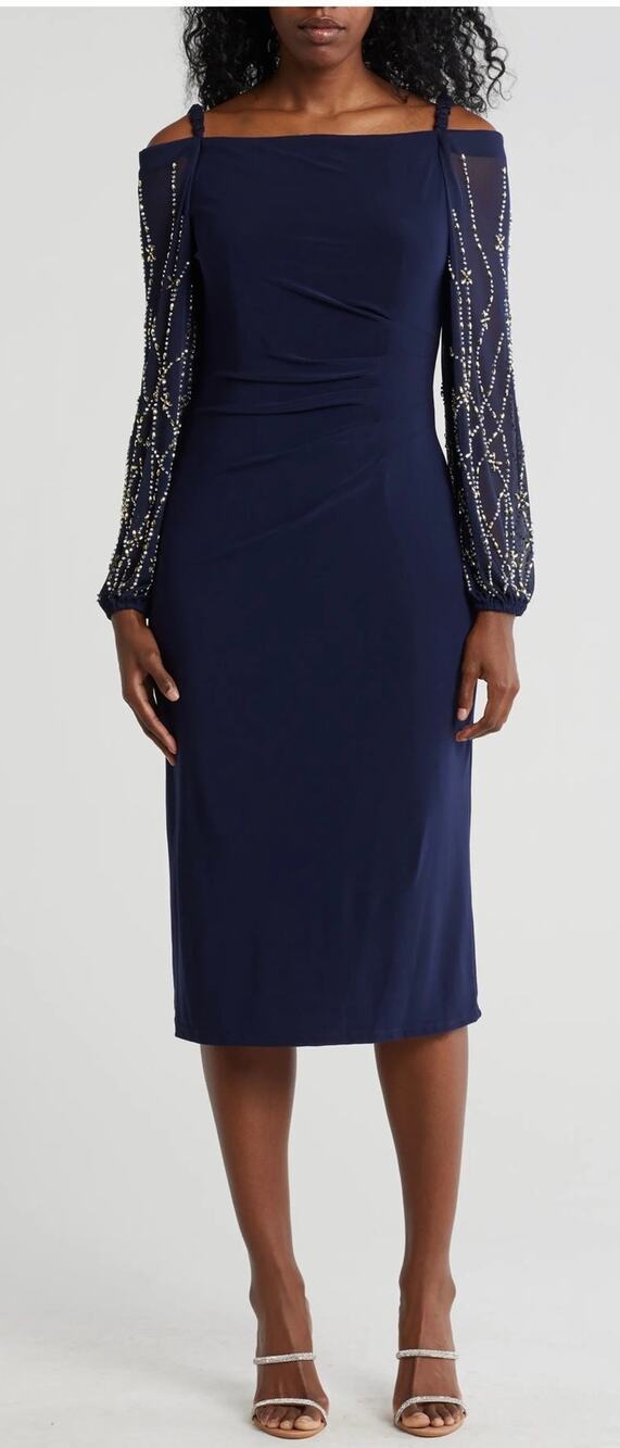 Marina Off The Shoulder Beaded Midi Dress SZ SM